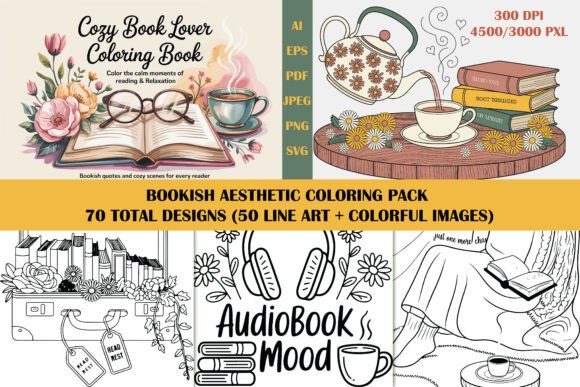 50 Reading Bookish Coloring Bundle Graphics