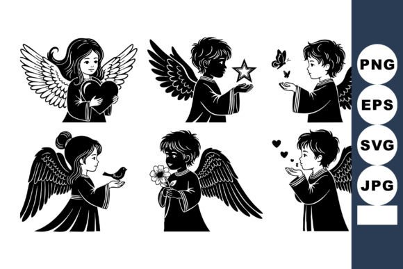 Black and White Angel Kids Silhouettes Graphics for Crafts