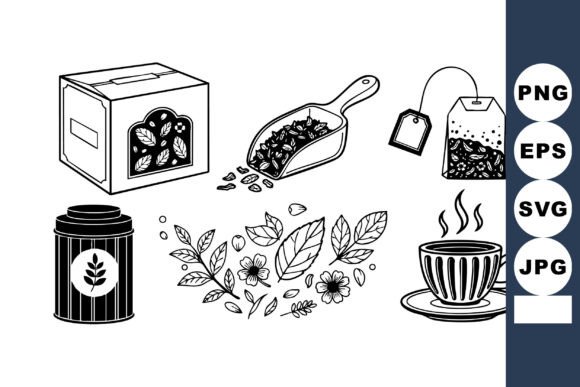 Black Line Art Tea Elements for Graphics and Crafts