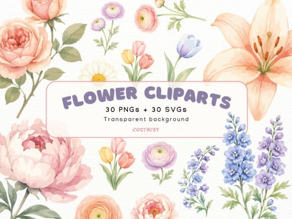 Flowers Watercolor Cliparts for Crafting and Design