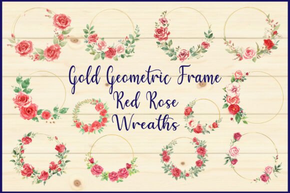 Gold Geometric Frame Red Rose Wreaths Graphics
