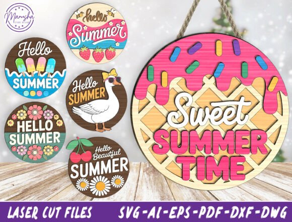 Hello Summer Round Sign SVG Bundle for Laser Cutting