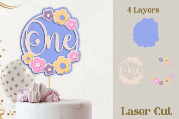 One Cake Topper with Flowers Layered for Laser Cutting and Birthday Themes