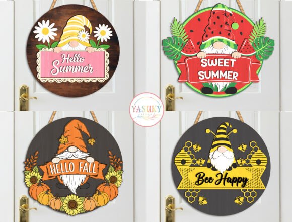 Seasonal Gnome Door Sign SVG Bundle for Home Decor and Laser Cutting