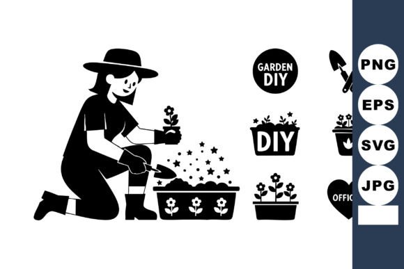 Woman Gardening Plants Vector Graphics for Crafts