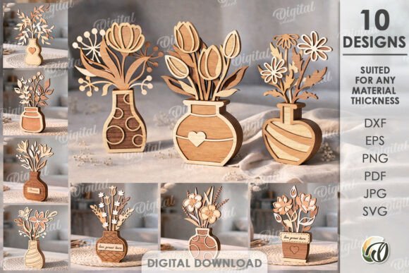 Wooden Flowers with Vases Bundle Laser Cutting Design
